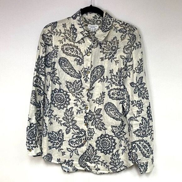Charter Club Linen Top Womens Medium Multicolor Floral Paisley Print Button-Down - Picture 1 of 12